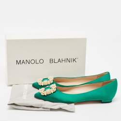 Manolo Blahnik Green Satin Hangisi Pearl Embellished Ballet Flats Size 38