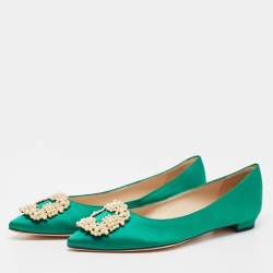 Manolo Blahnik Green Satin Hangisi Pearl Embellished Ballet Flats Size 38