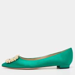 Manolo Blahnik Green Satin Hangisi Pearl Embellished Ballet Flats Size 38