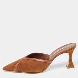 Pre Owned Manolo Blahnik Brown Suede and Leather Sahsia Pointed Toe Mules Size 39.5