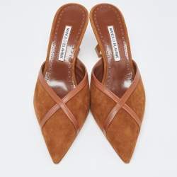 Pre Owned Manolo Blahnik Brown Suede and Leather Sahsia Pointed Toe Mules Size 39.5