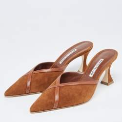 Pre Owned Manolo Blahnik Brown Suede and Leather Sahsia Pointed Toe Mules Size 39.5
