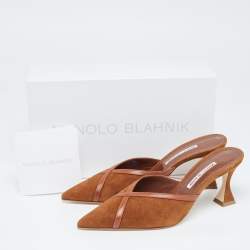 Pre Owned Manolo Blahnik Brown Suede and Leather Sahsia Pointed Toe Mules Size 39.5
