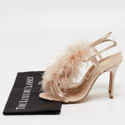 Pre Owned Manolo Blahnik Beige Satin and Fur Eila Ankle Wrap Sandals Size 38.5