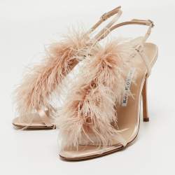 Pre Owned Manolo Blahnik Beige Satin and Fur Eila Ankle Wrap Sandals Size 38.5