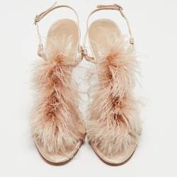 Pre Owned Manolo Blahnik Beige Satin and Fur Eila Ankle Wrap Sandals Size 38.5