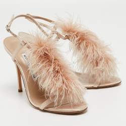 Pre Owned Manolo Blahnik Beige Satin and Fur Eila Ankle Wrap Sandals Size 38.5