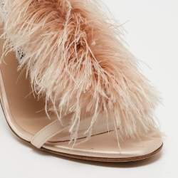 Pre Owned Manolo Blahnik Beige Satin and Fur Eila Ankle Wrap Sandals Size 38.5