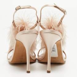 Pre Owned Manolo Blahnik Beige Satin and Fur Eila Ankle Wrap Sandals Size 38.5