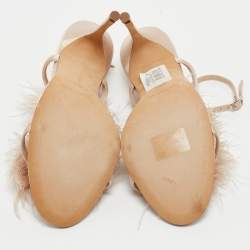 Pre Owned Manolo Blahnik Beige Satin and Fur Eila Ankle Wrap Sandals Size 38.5