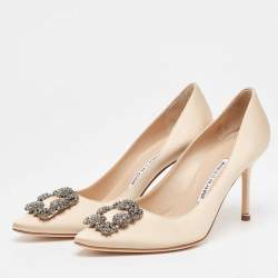 Pre Owned Manolo Blahnik Beige Satin Hangisi Pumps Size 39.5