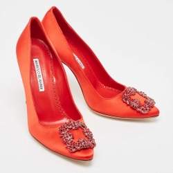 Pre Owned Manolo Blahnik Red Satin Hangisi Pumps Size 38