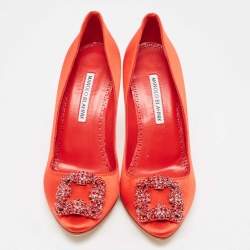 Pre Owned Manolo Blahnik Red Satin Hangisi Pumps Size 38