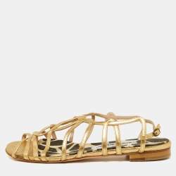 Pre Owned Manolo Blahnik Gold Leather Strappy Flat Sandals Size 38.5
