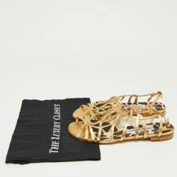 Pre Owned Manolo Blahnik Gold Leather Strappy Flat Sandals Size 38.5