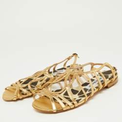 Pre Owned Manolo Blahnik Gold Leather Strappy Flat Sandals Size 38.5