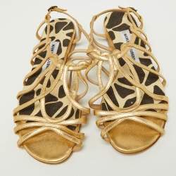Pre Owned Manolo Blahnik Gold Leather Strappy Flat Sandals Size 38.5