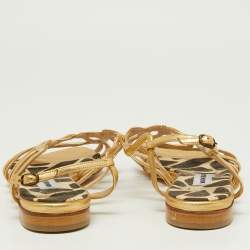 Pre Owned Manolo Blahnik Gold Leather Strappy Flat Sandals Size 38.5