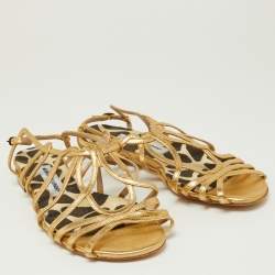 Pre Owned Manolo Blahnik Gold Leather Strappy Flat Sandals Size 38.5