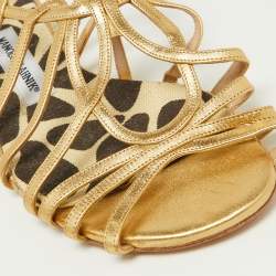 Pre Owned Manolo Blahnik Gold Leather Strappy Flat Sandals Size 38.5