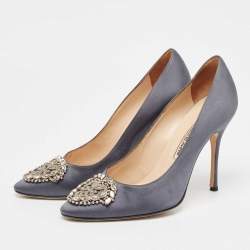Pre Owned Manolo Blahnik Grey Satin Okkava Pumps Size 38