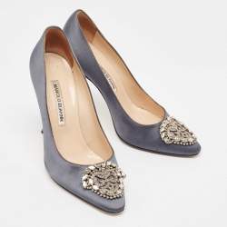 Pre Owned Manolo Blahnik Grey Satin Okkava Pumps Size 38