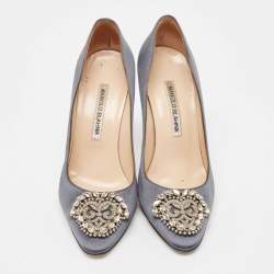 Pre Owned Manolo Blahnik Grey Satin Okkava Pumps Size 38
