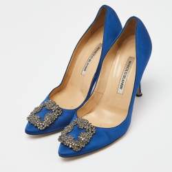 Pre Owned Manolo Blahnik Blue Satin Hangisi Pumps Size 38.5