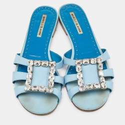 Manolo Blahnik Blue Fabric Crystal Embellished Flat Slides Size 40 