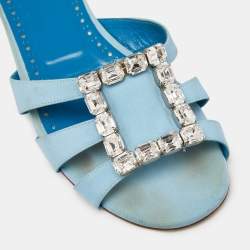 Manolo Blahnik Blue Fabric Crystal Embellished Flat Slides Size 40 