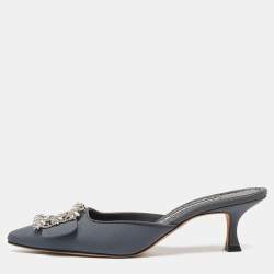 Manolo Blahnik Grey Fabric Maysale Crystal Embellished Pointed Toe Mules Size 38