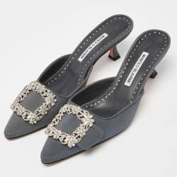 Manolo Blahnik Grey Fabric Maysale Crystal Embellished Pointed Toe Mules Size 38