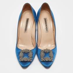 Pre Owned Manolo Blahnik Blue Satin Hangisi Pumps Size 39.5