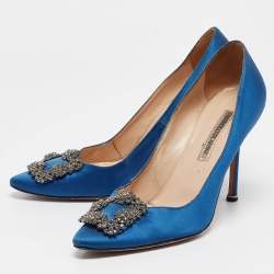 Pre Owned Manolo Blahnik Blue Satin Hangisi Pumps Size 39.5