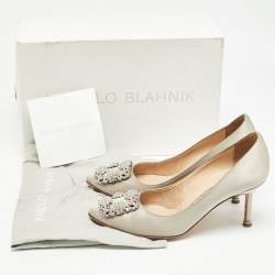 Manolo Blahnik Grey Satin Hangisi Crystal Embellished Pointed Toe Pumps Size 36.5