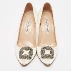 Manolo Blahnik White Satin Hangisi Crystal Embellished Pointed Toe Pumps Size 38.5