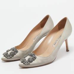 Pre Owned Manolo Blahnik Grey Satin Hangisi Pumps Size 38