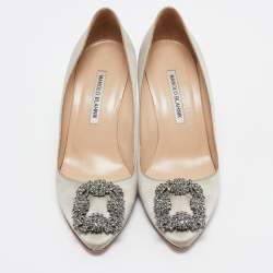 Pre Owned Manolo Blahnik Grey Satin Hangisi Pumps Size 38