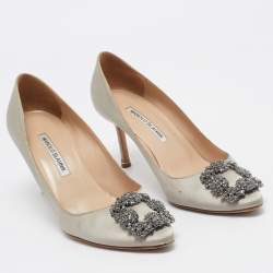 Pre Owned Manolo Blahnik Grey Satin Hangisi Pumps Size 38