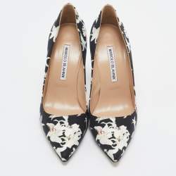 Manolo Blahnik Black/White Printed Floral Fabric BB Pumps Size 37