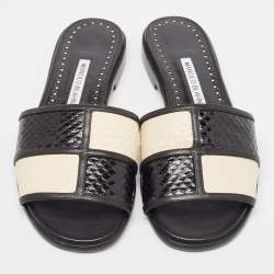 Manolo Blahnik Black/Cream Python Megacle Flat Slides Size 37.5