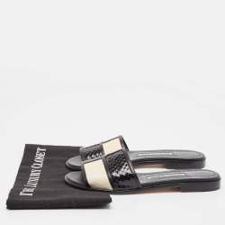 Manolo Blahnik Black/Cream Python Megacle Flat Slides Size 37.5