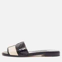 Manolo Blahnik Black/Cream Python Megacle Flat Slides Size 37.5