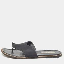 Manolo Blahnik Black Canvas Thong Flat Slides Size 37.5