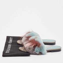 Pre Owned Manolo Blahnik Two Tone Suede and Fox Fur Flat Slides Size 37