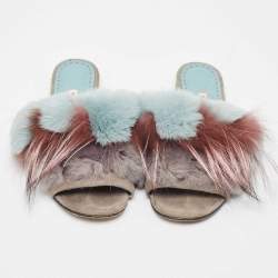 Pre Owned Manolo Blahnik Two Tone Suede and Fox Fur Flat Slides Size 37
