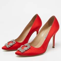 Pre Owned Manolo Blahnik Red Satin Hangisi Pumps Size 37.5