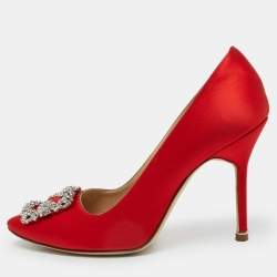 Pre Owned Manolo Blahnik Red Satin Hangisi Pumps Size 37.5