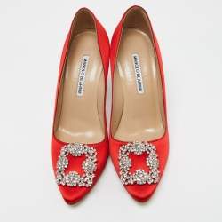 Pre Owned Manolo Blahnik Red Satin Hangisi Pumps Size 37.5