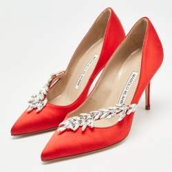 Pre Owned Manolo Blahnik Red Satin Nadira Pumps Size 34